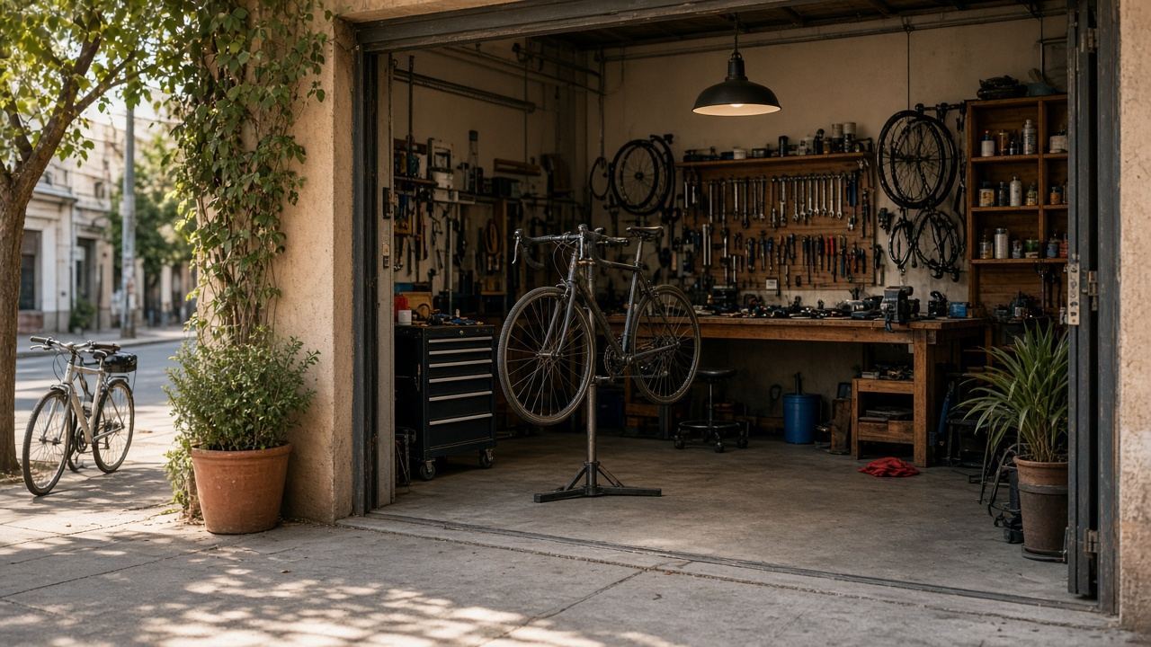 Bike repair shop workspace at Pannirissko Atelier